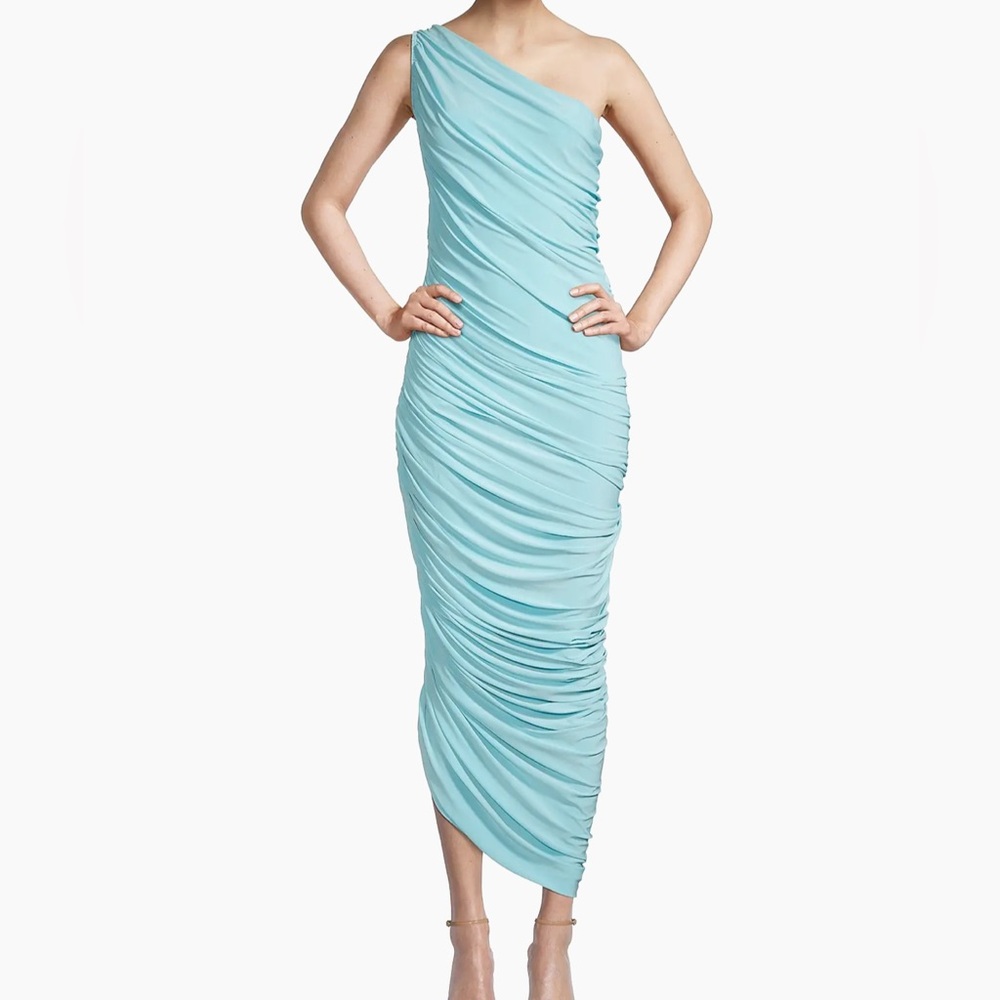 Norma Kamali One-Shoulder Aqua Rouched Dress
